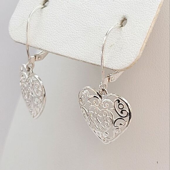 Filigree Open Work Heart Sterling Silver Earrings - Picture 2 of 6